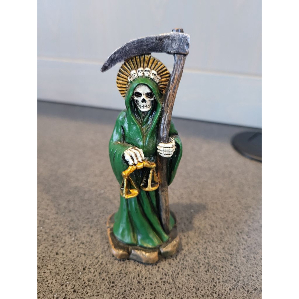 World of Wonders Grim Reaper Green Robe Scales Statue Gothic Decor 6.5"